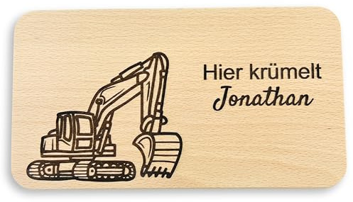DwieDeko Frühstücksbrettchen mit Bagger-Motiv und Namen, personalisiertes Kinderbrettchen aus Holz – personalisierte Geschenke für Baby & Kinder
