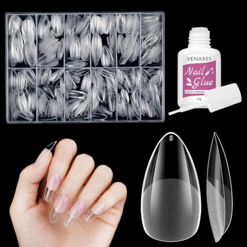 Almond Medium Soft geltips, Venares 500 stycken konstgjorda naglar kort, 12 storlekar, akrylnageltips mandel, full täckning nageltips för gelnaglar medellängd mandle M
