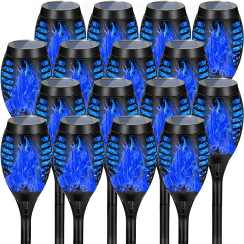 AOUNQ Solar Lights Outdoor, Upgraded 16 Pack Blue Solar Torch Light with Flickering Flame for Garden Decor, Waterproof Outdoor Lights Solar Powered, Tiki Torches for Outside Yard Patio Pathway Decor