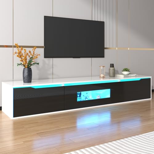 BursDany Meuble TV Moderne, Banc TV avec Éclairage LED et 3 Compartiments, pour Salon ou Chambre, Blanc et Noir Brillant, 180x35x30 cm