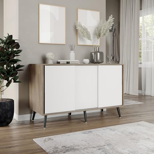 URBNLIVING 3-Door Sliding Sideboard Cabinet with Wooden Legs, Modern Cupboard, Credenza for Living Room, Dining Room or Office, Storage Organizer with Stylish Sliding Doors, Mix & Match Colour Combos