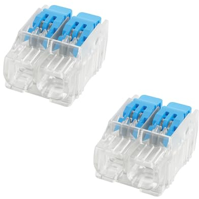 LumenEco 2-Conductor Reusable Electrical Wire Lever Cable Connectors, 4mm Compact Push-In Splicing Terminal Blocks for Solid and Stranded Wires, Easy Lock, Safe, UK Standard – Blue & Clear (2)