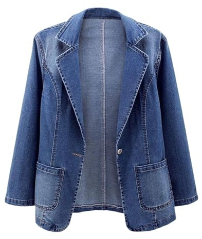 Eauptffy Clásico vaquero blazer para mujer con solapa, un botón, manga larga, estrecha, chaqueta vaquera, vintage, con bolsillos, chaqueta de oficina, primavera, otoño, vaquera