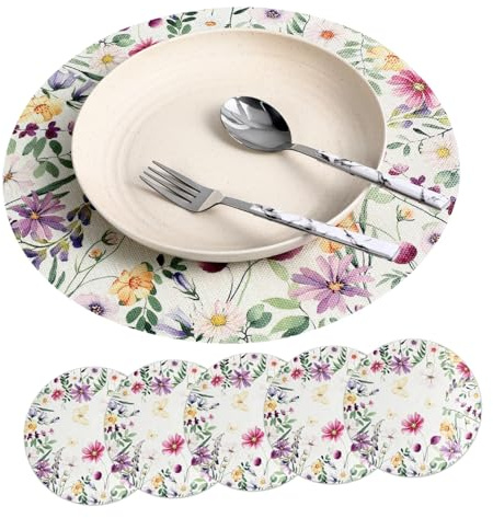 iplusmile 6 pezzi Tovagliette Rotonde in Lino con Floreali Sottopiatti per da Pranzo Resistente e Facile da Decorazione per Cucina