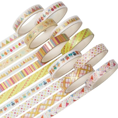YUBX Dünne Gold Washi Tape Set Masking Tape Folie Klebeband Bunt für DIY Handwerk, Bullet Journals, Planer, Scrapbooking, Verpackung (Party Theme)