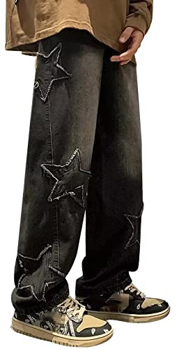 Y2k Jean baggy pour femme - Jean étoile vintage - Star Patchwork - Denim - Taille haute - Pantalon d'automne - Pantalon cargo - Hip Hop - Streetwear - Coupe ample - Pantalon de loisirs - Jambes larges