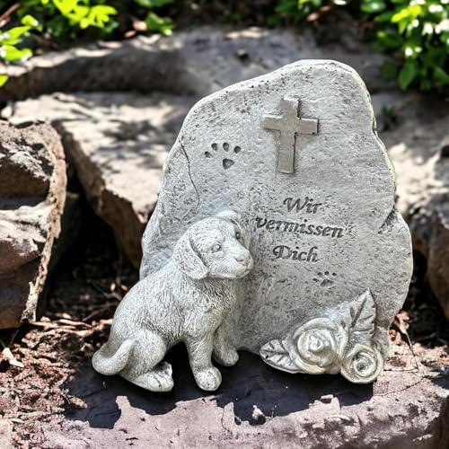 eberin365 GRABWELT – Grabschmuck für Tiere, Treuer Hund, 11x10 cm Grau Antik, Tierbestattung, Trauerdeko, Erinnerungsstück