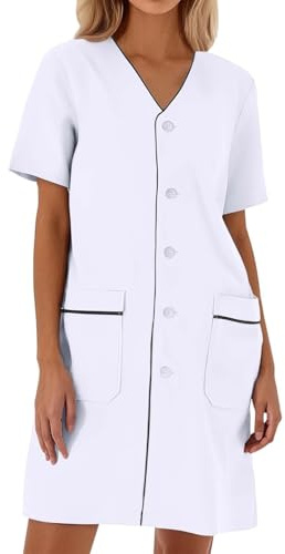 Blouse Chimie Lycee, Blouse Medicale Infirmiere Femme avec Poche Et Bouton Blanche Chimie Lycee Coton Manches Courtes Chemise De Travail Collège Chemisiers Et Blouses Chic Et Élégant