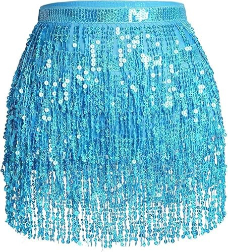 Glitzer Rock Damen Pailletten Rock, Quasten Bauchtanz Wickelrock Damen Karneval Kostüm Cowgirl Tanzkleid Steampunk Quastenrock Rave Outfit Hüfttuch Faschingskostüme für Fasching Karneval Party
