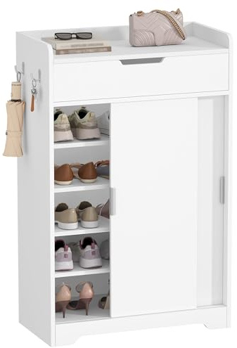 Hzuaneri Schiebetüren Schuhschrank mit 5 Ebenen, 12-15 Paar, 1 Schublade | Schuhkommode, Verstellbare Regalböden, 2 Haken, Silberner Griff, Platzsparend, Schuhkipper für Eingang, Flur, Weiß SR67903X