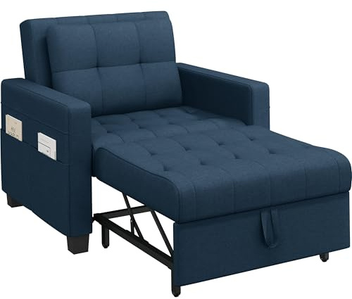 Yaheetech 3-in-1 Sleeper Chair Bed, Convertible Single Sofa Bed, Blue | Fabric Sofa Chair with 3-Position Adjustable Backrest, Side Pockets, Pullout Couch, for Living Room/Apartment/Small Space