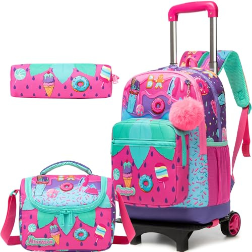 HTgroce Mochila Escolar con Carro para Niña Set de 3 Piezas con Ruedas, Mochila Primaria con Bolsa para el almuerzo y Estuche,Vuelta al Cole