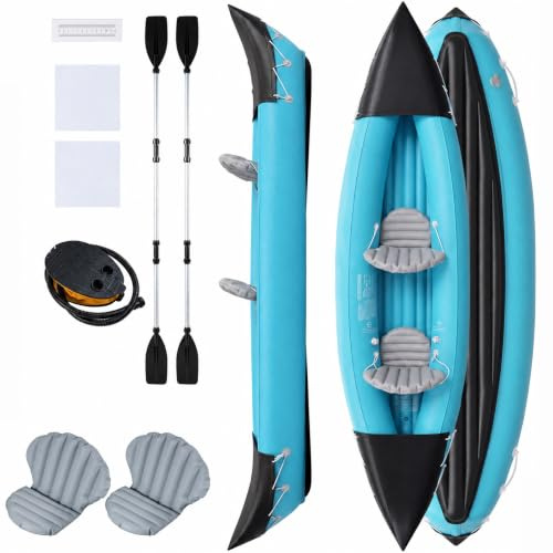 HOMASIS Kajak aufblasbar 2 Personen, Schlauchboot mit Aluminiumpaddeln, aufblasbare Sitze, Fußpumpe & Reparaturset, belastbar bis 160 kg, Kanu zum Angeln, Driften & für Abenteuer