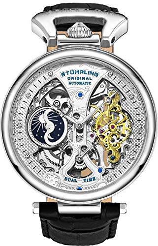 Stührling Original Mens Skeleton Watch Dial Automatic Watch with Calfskin Leather Band and - Dual Time, AM/PM Sun Moon (Silver)