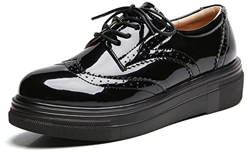 DADAWEN Women's Platform Lace-Up Comfort Wingtips Square Toe Oxford Shoes Brogues Black US Size 9