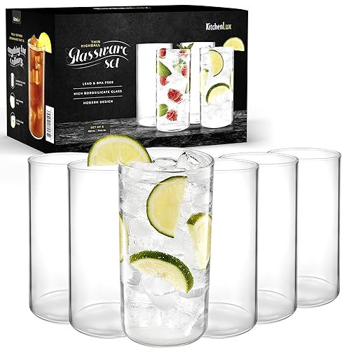 Kitchen Lux Lot de verres à eau fins et ronds de 170 à 538,6 g – Verres à eau highball élégants – Ensemble de verres de luxe pour cocktails pétillants, vin, bière, whisky, dîner