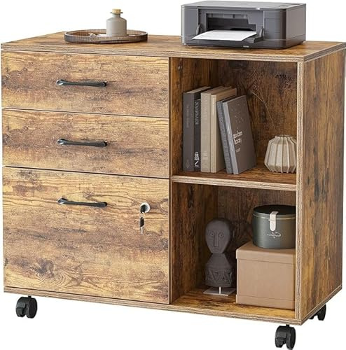 FEZIBO Armoire de classement mobile à 3 tiroirs, armoire latérale avec serrure, support d'imprimante avec compartiments de rangement ouverts pour le bureau à domicile, marron rustique