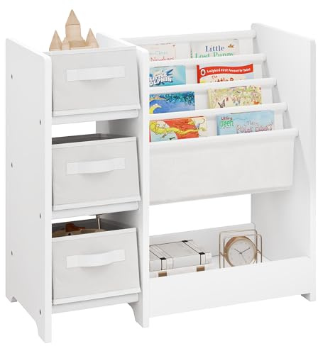 Lestarain Libreria Montessoriana per Bambini, Scaffale Portagiochi per Bambini con 3 Scatole in TNT, 4 Ripiani e 1 Scomparto Aperto, Porta Libri e Giocattoli in Legno, Bianco