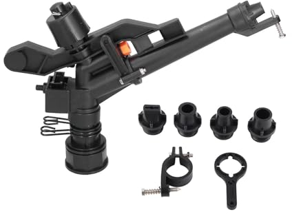 Tomotato Irrigatore a Impatto Agricolo Regolabile, G1-1/2 3-5 Bar 18-26 Metri 4 Ugelli, Irrigazione Automatica a Pioggia con Doppio Ugello per Giardino Cortile Prato Patio Aree Grandi