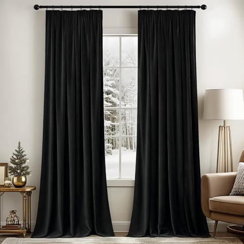 MIULEE Black Velvet Pencil Pleat Blackout Curtains 66x90 Inch 2 Panel | Soft thick velvet fabric, effective room darkening, ideal for bedroom & living room decor, 90 inch drop, 2 panel set