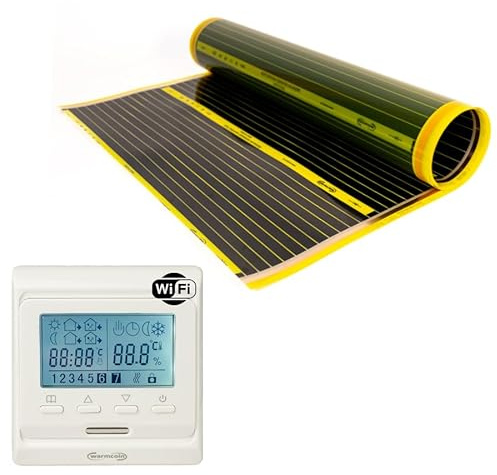 Warmcoin™ PTC Infrarot Heizfolie, elektrische Fußbodenheizung, 50 cm, Set, 190 W/m² mit und ohne Thermostat (W51 WIFI Weiß Thermostat, 6 lm = 3m²)