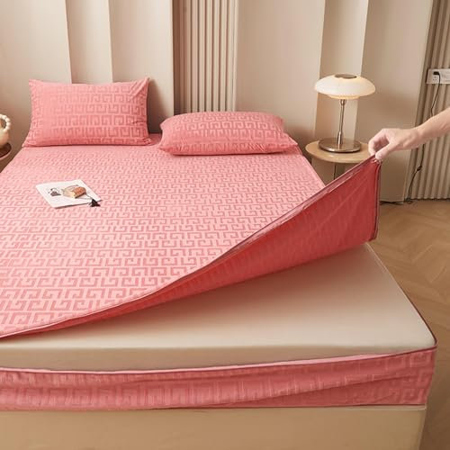 Protector de colchón ajustable con cremallera personalizable de 160 x 190/200 cm, de terciopelo transpirable para bebé, lavable, totalmente cubierto, tamaño individual, doble, king, color rosa, 180 x