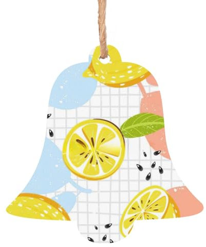 Ornamenti per albero di Natale in legno con stampa di limoni, rustici, da appendere, con corde di iuta