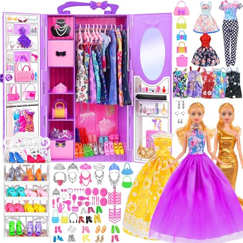 11.5 inch Girl Doll With Doll Closet Wardrobe Clothes and Accessories, Princess Gowns, Fashion Slip Dresses, Outfits, Bikini, Shoes Rack, Hangers, Necklace, Crown for 3+ Years Girls (include doll)