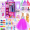 11.5 inch Girl Doll With Doll Closet Wardrobe Clothes and Accessories, Princess Gowns, Fashion Slip Dresses, Outfits, Bikini, Shoes Rack, Hangers, Necklace, Crown for 3+ Years Girls (include doll)