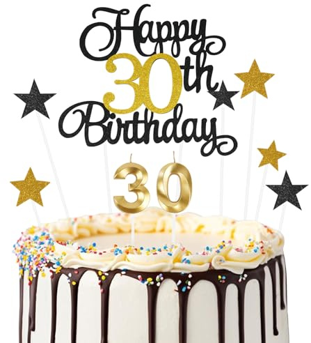 Ainiv Happy 30th Birthday Cake Toppers, Number 30 Candle for Cakes | Black Gold Decorations for Women Men 30th Birthday Party, Black Gold Star Cake Topper for Cupcake Desserts Pastries