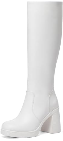 Glamnest Platform Knee High Boots for Women Chunky Heel square Toe Leather Long Boots Side Zipper Tall Boots White Boots 8