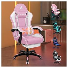 ALFORDSON Kontorsstol, spelstol, massage-spelstol, ergonomisk spelstol med fotstöd, nackstöd, massage-ländryggskudde, vadderad, snurrstol av linnetyg, rosa