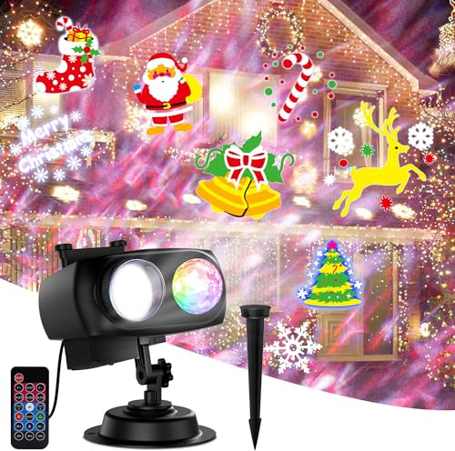 LED Projektor Weihnachten Aussen – 4/6/8 Motivmodi, Bewegliche Muster, Projektionslampe mit Fernbedienung für Halloween, Weihnachten, Geburtstag, Neujahr, Party & Gartendeko