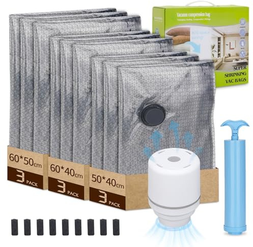 Bolsas Vacio Ropa con Bomba EléCtrica, 9 Piezas (3x 40x50cm, 3x 40x60cm, 3x 50x60cm) Bolsas Para Guardar Ropa Reutilizables Para Mudanzas ArtíCulos De Viaje Y Almacenamiento diario