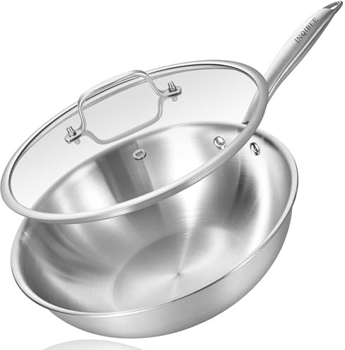 Inqibee Wok Inox 28 cm avec Couvercle en Verre, Structure Triply, Sans Revêtement, Cuisson Saine Sans PFAS, Tous Feux dont Induction, Compatible Four, Manche Riveté