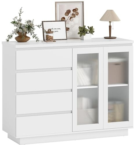HOMCOM Credenza Cucina con Armadietto a 2 Ante Soft Close in Vetro Temperato Buffet con 4 Cassetti e Ripiani Regolabili Mobile Cucina per Soggiorno Sala da Pranzo 120x40x91 cm Bianco