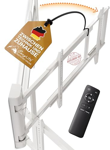 EasyLife TV-väggfäste elektriskt svängbart med bil Drive-Out, Ultra-slim 56 mm, tyst motor, antikollision, 32–75 tum, VESA upp till 600 x 400 och 50 kg, premium metallkonstruktion – vit