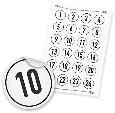itenga Adventskalenderzahlen - Zahlensticker 1-24 Zahl 4cm rund schwarz Zahlenaufkleber Hochglanz