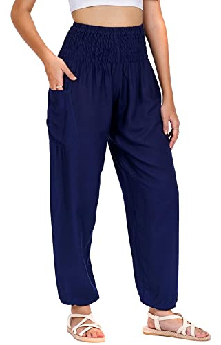 Lofbaz Donna Raion Stampare Affumicato Vita Boho Harem Pantaloni Solido Blu Scuro 3XL