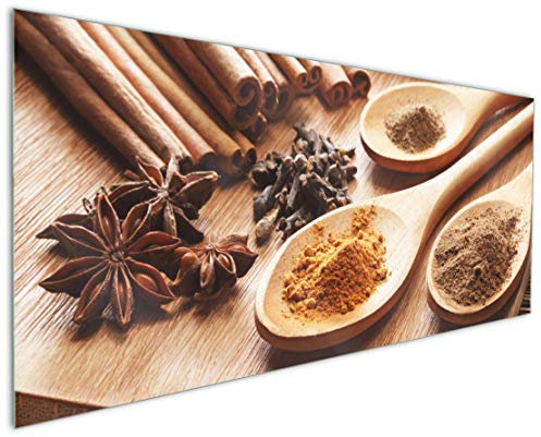 Wallario Küchen-Rückwand | Küchenspiegel Kräuter und Gewürze auf Holzlöffeln in Premium-Qualität: Brillante Farben | abwischbar | pflegeleicht