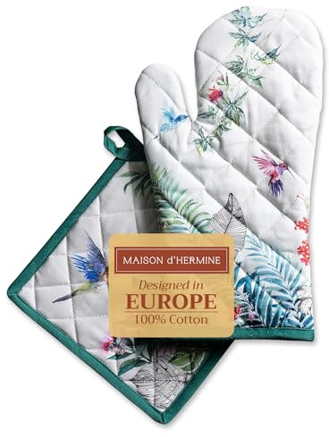 Maison d' Hermine Ensemble manique et Gant de Cuisine 100% Coton (19 x 33 cm et 20 x 20 cm) Gants résistants à la Chaleur pour Manipuler Les Plats Chauds, Printemps-été (Tropiques)