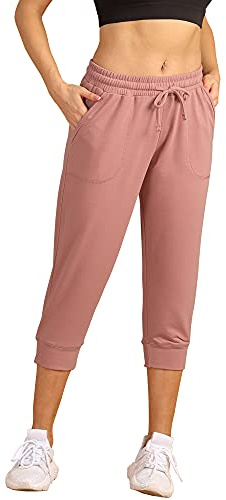 icyzone Joggingbyxor för kvinnor, 3/4 sportbyxor, löparbyxor, lös passform, sweatbyxor, lediga capribyxor, Dammig rosa, S