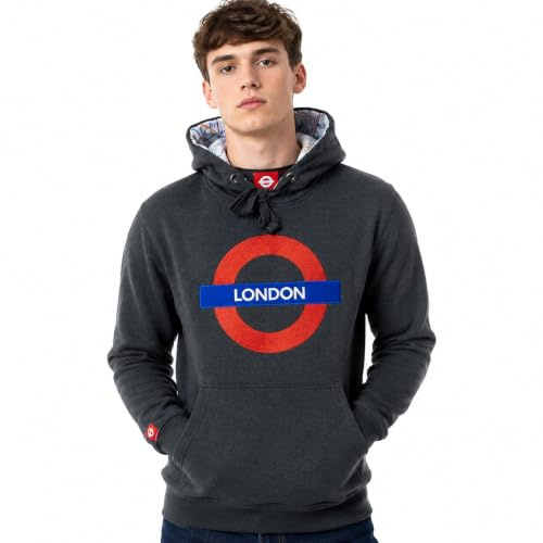 British Heritage Brands TFL129 Licensed Unisex London Roundel Chain Stitch Embroidery Hoodie | Premium 330GSM Sweatshirt with Tube Map Hood Charcoal | XS–4XL