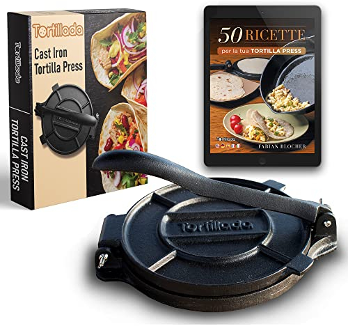 Tortillada - Tortilla Presse/Quesadilla, Roti Maker aus Gusseisen mit Rezepten inkl. E-Book mit 50 Tortilla Rezepten (16 cm)