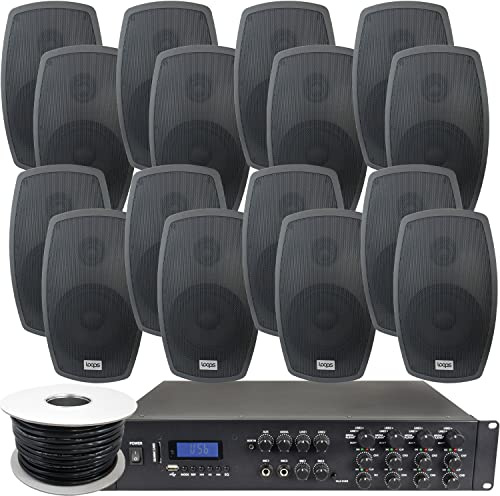 1600W LOUD Outdoor Bluetooth Sound System | 16x 140W Black Speaker | 8 Channel / Zone Matrix HiFi Mixer Amplifier Amp Kit | Weatherproof Garden Party Event Audio | Powerful Wireless Music | Echo Alexa