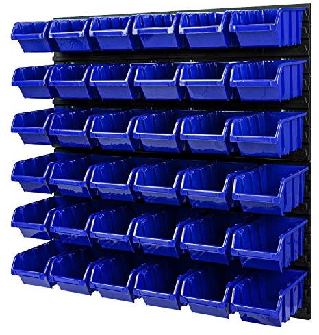 Stapelboxen Lagersystem - 772 x 780 mm - Wandregal 36 Stück Boxen Werkzeuglochwand Schüttenregal (Blue)