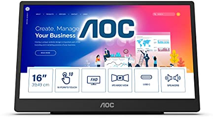 AOC 16T2 - Monitor touch portatile USB-C da 16, batteria integrata da 8000 mAh, altoparlante (1920 x 1080, 60 Hz, USB-C, Micro HDMI), colore: Nero