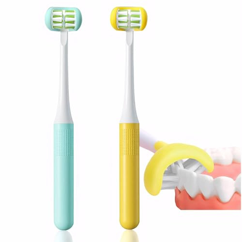 FOREVIVE 2 Pack 3 Sided Toddler Toothbrush, Dupont Soft Bristle Kids Toothbrush for Autism & Sensitive Gums, Complete Tooth & Gum Care (Blue+Yellow)