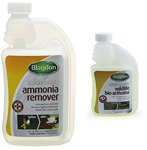 Blagdon 2633 Pond Water Ammonia & Chloramine Remover, 500ml, Treats 4,546 L of pond water & 2647 Pond Bio-Activator, Natural Essential Start Up Bacteria for Filter Media, 250ml, Treats 2,273 Litres