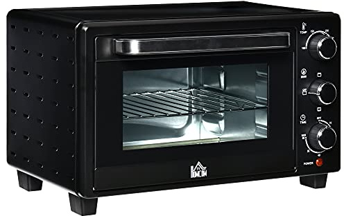 HOMCOM Mini Backofen 21 L 1400W 100-230℃ 60 Min. Timer inkl. Krümelblech, Backblech, Grillrost Fenster, Minibackofen Pizza-Ofen, Schwarz